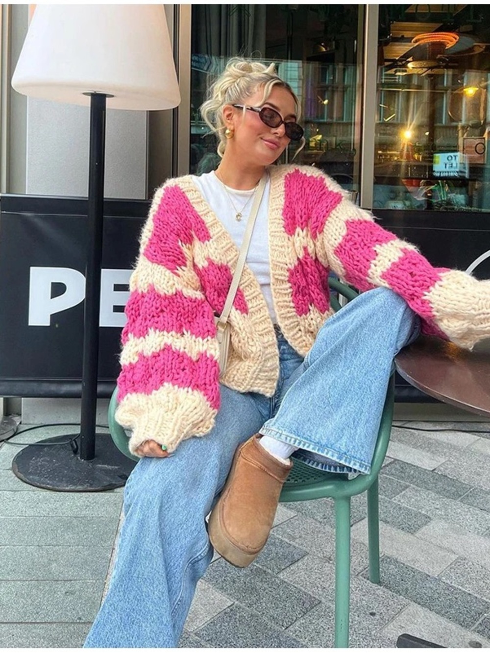 Oversized Pink and Cream Striped Chunky Cardigan Sweater